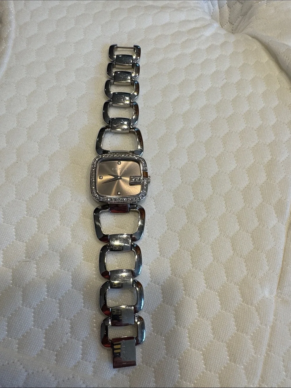 Gucci Silver-Tone Link Bracelet Watch with Crystal Accents